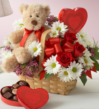 BEAR BASKET OF FLOWERS AND CHOCOLATES