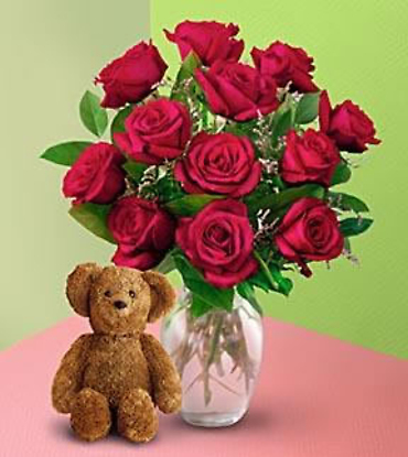 DOZEN ROSES AND BEAR