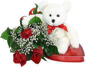 3 WRAPPED ROSES WITH TEDDY BEAR AND CHOCOLATES