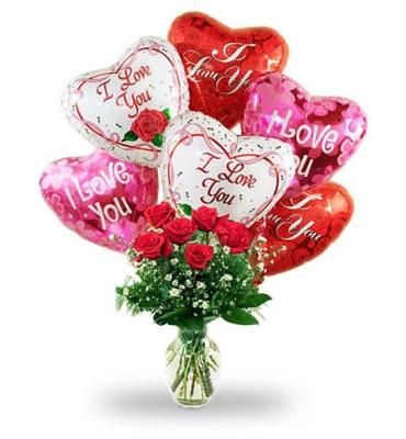 6 VALENTINE BALLOONS WITH 6  ROSES