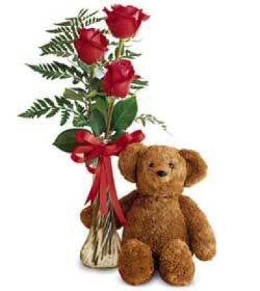 3 RED ROSES VASED WITH BEAR